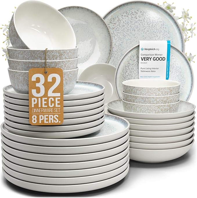 Stoneware dinnerware set 8 persons 32 pcs - Mediterranean dinnerware set, dishwasher, microwave and scratch resistant - Bowl and plate set - Dinnerware Pure Living Light Beige…-Ruum Studio Home