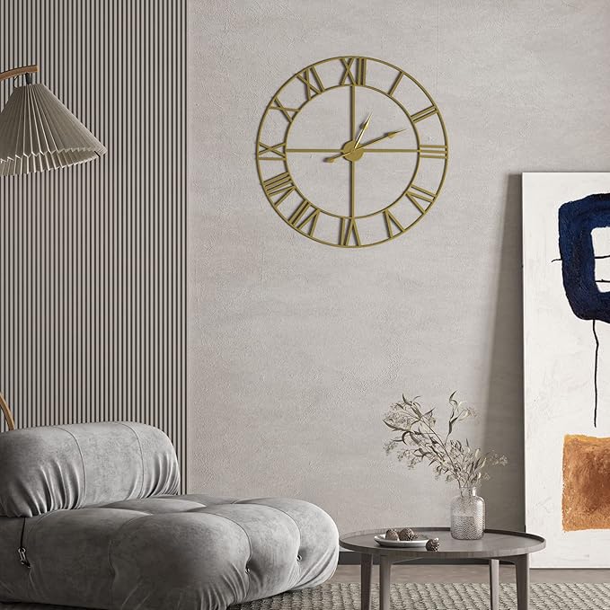 LEIKE Large Modern Wall Clocks,24" Gold Metal,Rustic,Round,Silent Non Ticking,Battery Operated Roman Numerals Clock for Living Room/Bedroom/Kitchen Wall Decor-(Gold, 60cm)-Ruum Studio Home