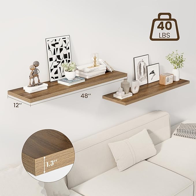 48" Floating Shelves for Wall, 12" Deep Slim Walnut Floating Shelves, Wall-Mounted Shelves for Bedroom, Living Room, Kitchen, Bathroom - Set of 2-Ruum Studio Home