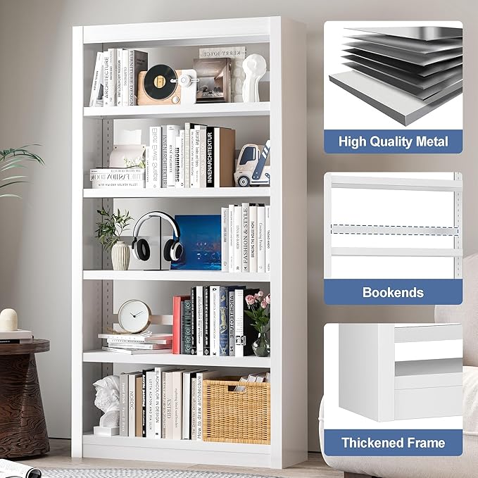 Metal Bookshelf Adjustable - 61" Tall White Bookcase, 5 Tier Book Shelf, Tooless Assembly Book Case, Modern Bookshelves and Bookcases for Home Office, Living Room, Bedroom, Study, Library-Ruum Studio Home