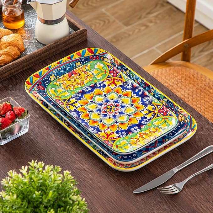 vancasso Serving Platters Set of 3, 16"/14"/12" Inch Rectangular Trays - Serving Platter Extra Large, Bohemian Ceramic Serving Dish for Entertaining Food, Microwave & Dishwasher Safe, Vintage-Ruum Studio Home