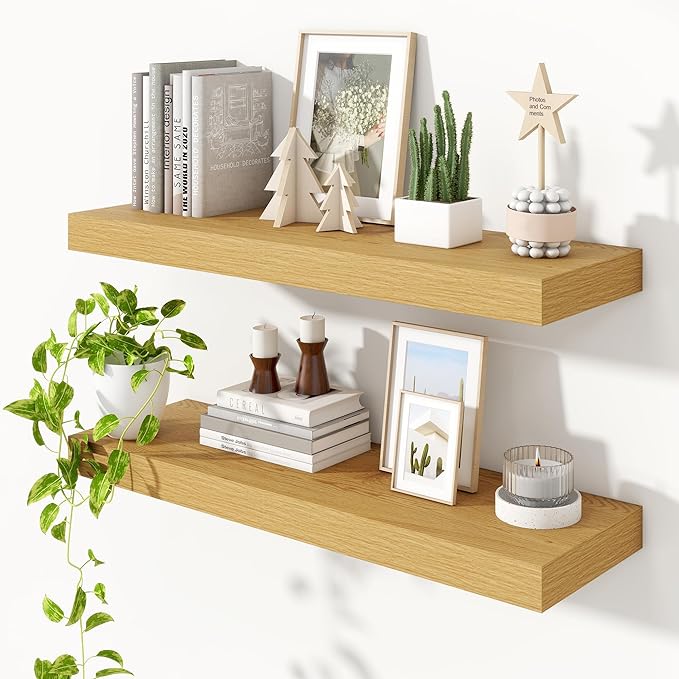 Heimlove 36 Inch Floating Shelves for Wall Set of 2,Oak Wall Shelves for Storage & Decor - Heavy Duty with Invisible Brackets,Perfect for Living Room,Bedroom,Home Office-Ruum Studio Home