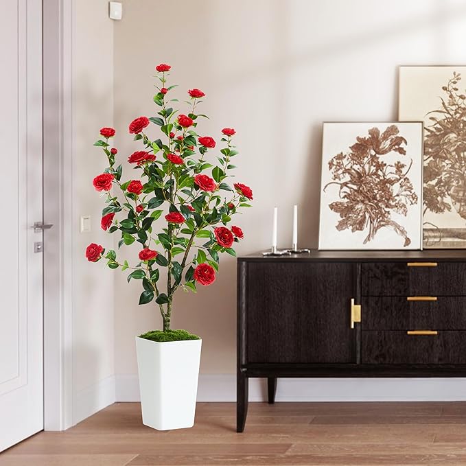Artificial Camellia Tree 5FT Faux Trees Indoor Fake Floral Plant Blooming Tree with Red Flowers & White Tall Planter, Faux Camellia Plants for Porch Home Room Bedroom Office Front Door Outdoor Decor-Ruum Studio Home