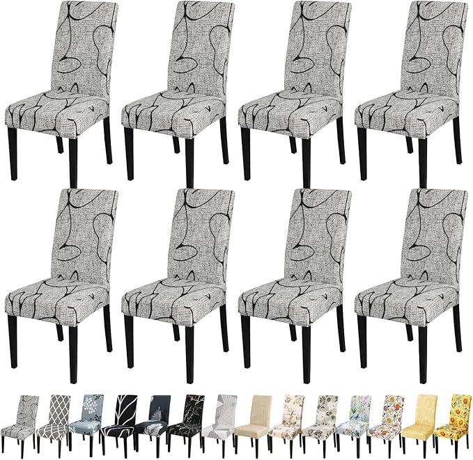 JQinHome Pattern Chair Covers for Dining Room Set of 8, High Stretch Removable Washable Parsons Chair Slipcover for Home Party Hotel Wedding Ceremony (8PCS, Lotus Gray)-Ruum Studio Home