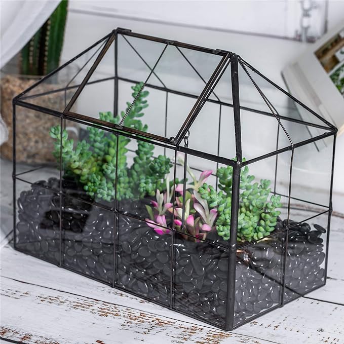 NCYP Glass Terrarium Planter with Lid for Small Succulent Cacti, Grid House Shape Black Geometric Terrarium Pot, Home Garden Indoor Tabletop Decor, 9.84" x 5.31" x 7.87" (No Plants)-Ruum Studio Home