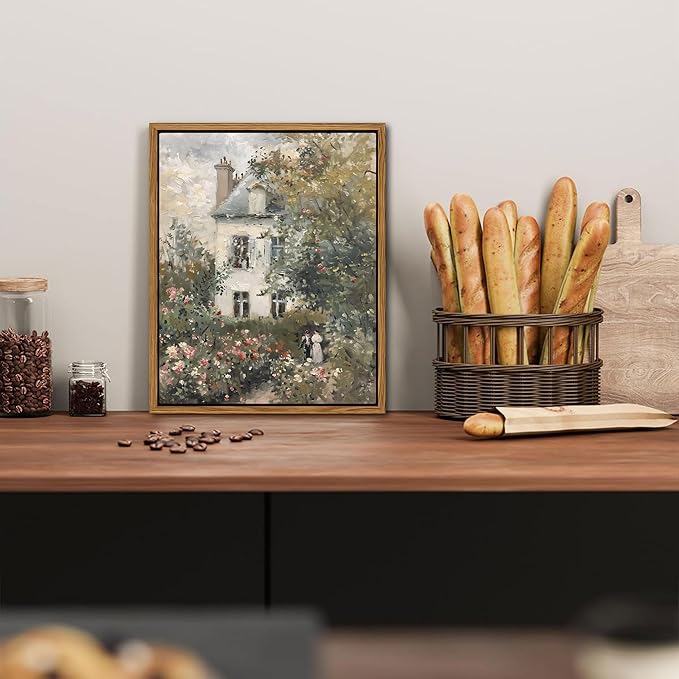 Floating Framed Canvas Vintage Wall Art, Neutral English Cottage Rose Garden Oil Paintings Print, Spring Pictures Wall Decor for Living Room Hallway Bedroom Office Rustic Decor 16x24 inch-Ruum Studio Home