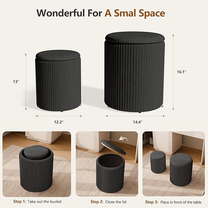 Ottoman with Storage Set of 2, Velvet Storage Ottoman, Upholstered Sponge Vanity Stool Support 300lbs, Multifunctional Coffee Table Foot Rest Ottomans for Living Room Bedroom, White-Ruum Studio Home