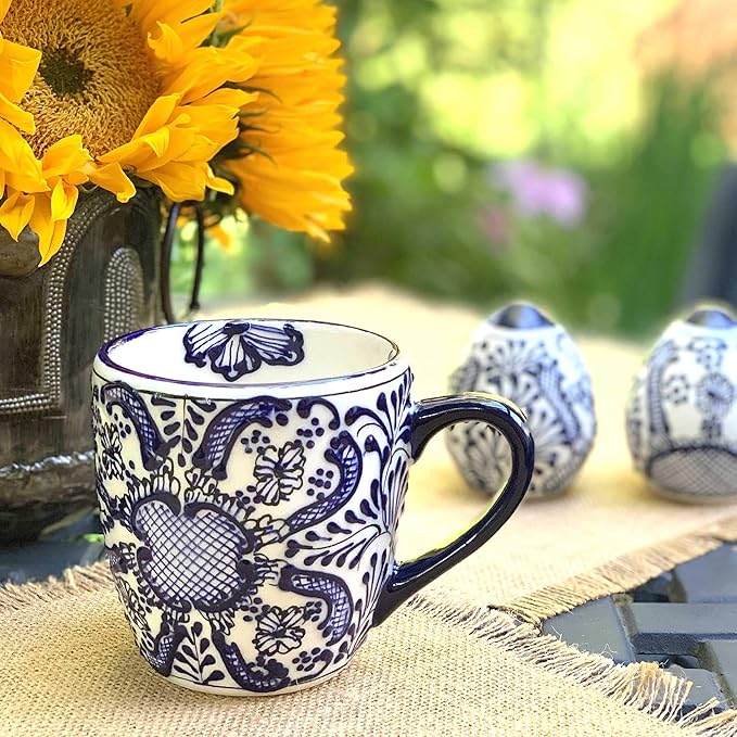 Encantada Handmade Hand-Painted Authentic Mexican Pottery Mugs (1-Pack, Cobalt Blue Flower)-Ruum Studio Home