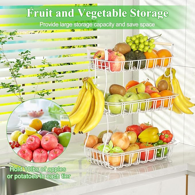 3 Tier Fruit Basket with 2 Banana Hooks, Large Capacity Multifunctional Detachable Sturdy Fruit Bowl with Wooden Handle Mesh Top for Kitchen Counter, for Bread Snacks Vegetables Produce, White-Ruum Studio Home