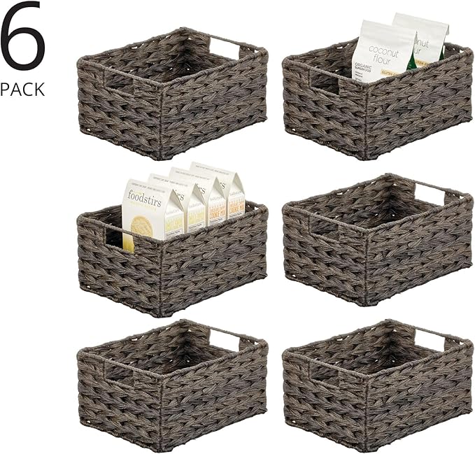 mDesign Woven Farmhouse Kitchen Pantry Food Storage Organizer Basket Box - Container Organization for Cabinets, Cupboards, Shelves, Countertops, Store Potatoes, Onions, Fruit, 6 Pack, Espresso Brown-Ruum Studio Home