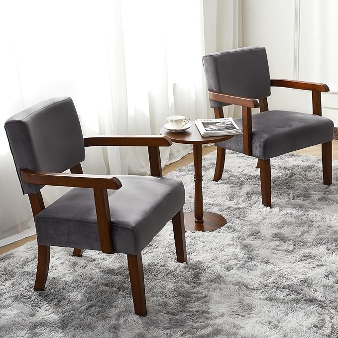 Accent Chair Set of 2 with Table, Living Room Chairs with VelvetSoft Seat and Armrests for Living Room Bedroom Reading Room Waiting Room (Greyvelvet)-Ruum Studio Home