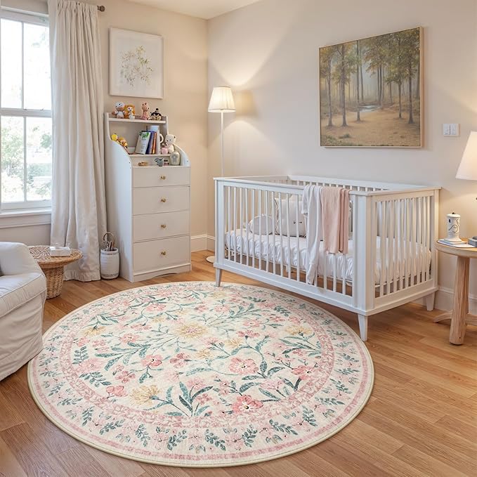 Wonnitar Washable Round Rugs 6ft, Pink Floral Circle Rug Large Round Carpet for Bedroom, Boho Soft Ultra-Thin Circular Carpets for Kids Playroom Living Room Nursery-Ruum Studio Home