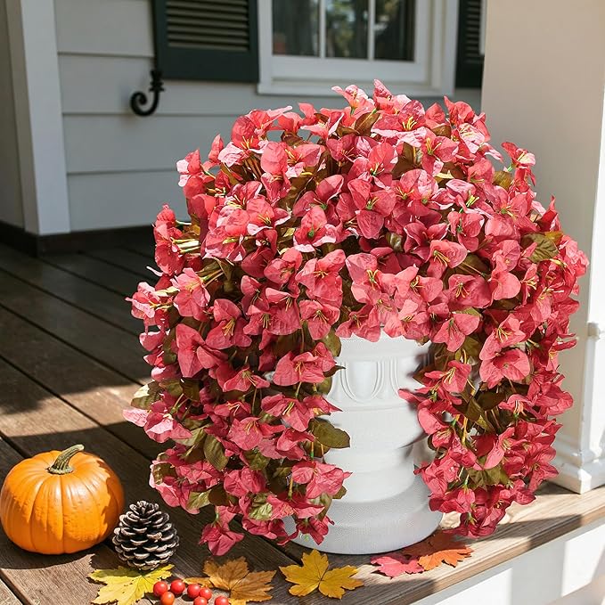 Bougainvillea Artificial Flowers Plants for Outdoors Outside Fall Autumn Decoration, 2 pcs Faux Silk Long Trailing Vines UV Resistant Look Real Red Fake Flowers for Front Door Porch Planter Urn Patio-Ruum Studio Home