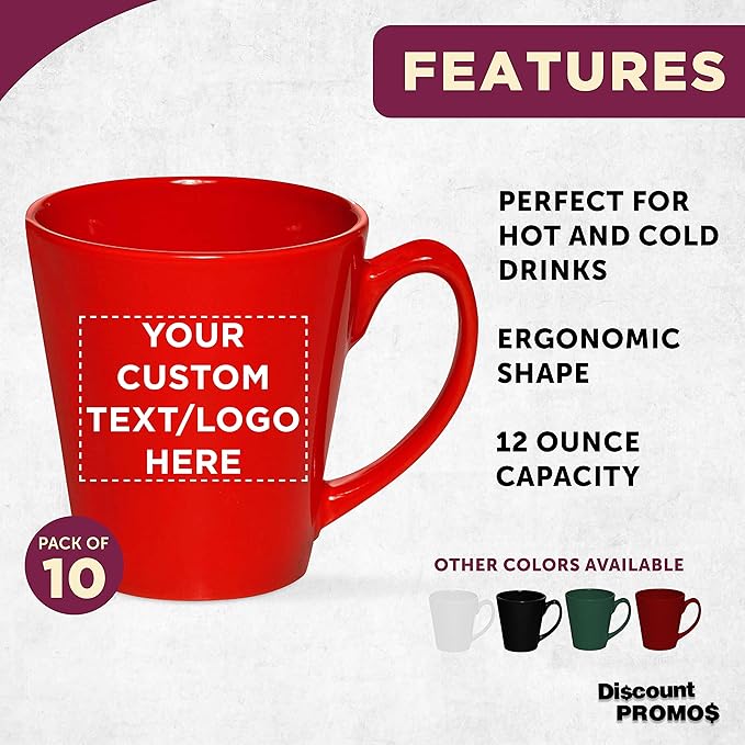 DISCOUNT PROMOS Custom Glossy Ceramic Latte Coffee Mug 12 oz. Set of 10, Personalized Bulk Pack - Perfect for Tea, Espresso, Cappuccino, Hot Cocoa - Red-Ruum Studio Home