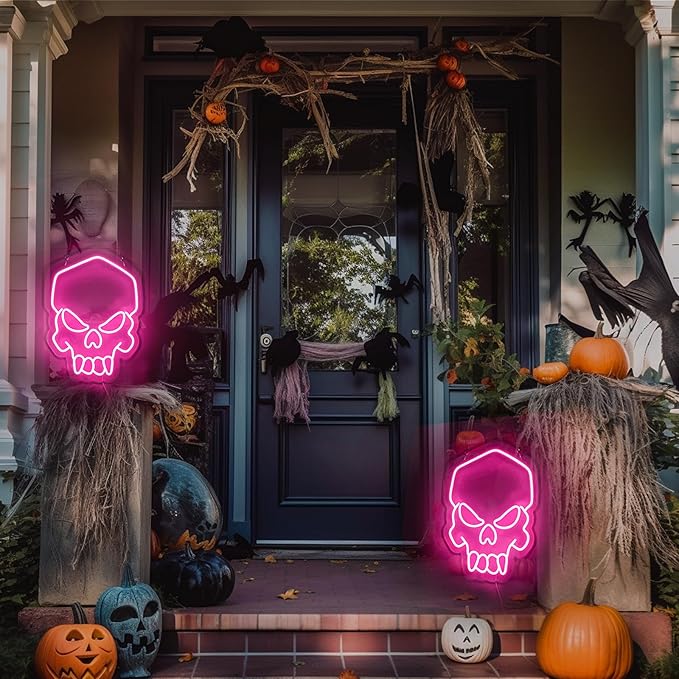 Skull Neon Sign Pink,Halloween Neon Light for Wall Decor, Skeleton LED Neon Sign for Beer Bar Bedroom Art,Skull Head Neon Lights Suitable for Computer Room,5V USB Power 15.75 * 11.8in(Non-Dimmable)-Ruum Studio Home