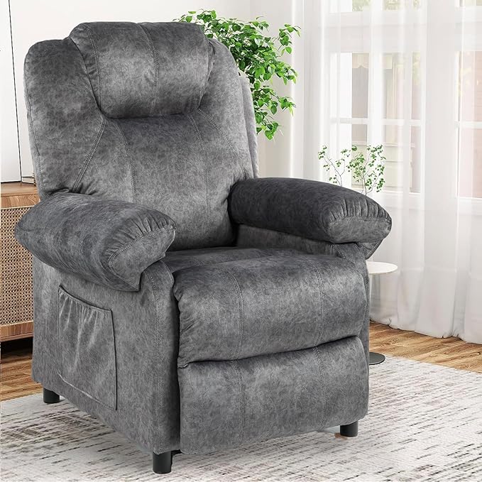 KCREAM Massage Recliner Chair with Heating,Overstuffed Fabric Reclining Chairs for Living Room,Small Recliner Manual Reclining Single Sofa Recliners Lounge Chair,Grey-Ruum Studio Home