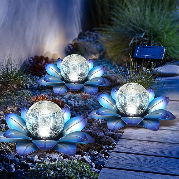 LEWIS&WAYNE Solar Garden Lights Outdoor, 3 Pcs Blue Lotus Flower Pathway Lamps with Cool White Crackle Glass Globe Led Lights for Patio Pathway Yard Balcony Garden Decorations-Ruum Studio Home