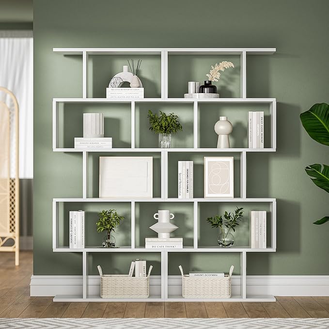 White 5-Tier Geometric Bookcase, S-Shaped Modern Bookshelf Set of 2, 62.6" Tall Room Divider Book Shelf, Decorative Display Shelf-Ruum Studio Home