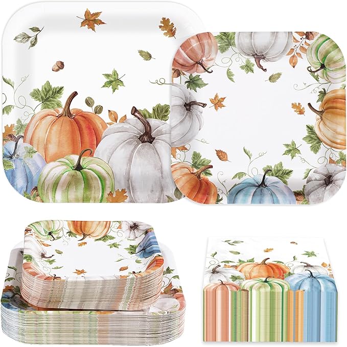 Grencian 200Pcs Fall Plates and Napkins Square Autumn Pumpkin Plates Thanksgiving Paper Platter Tableware Sets for Thanksgiving Harvest Party Decorations, Serves 50-Ruum Studio Home