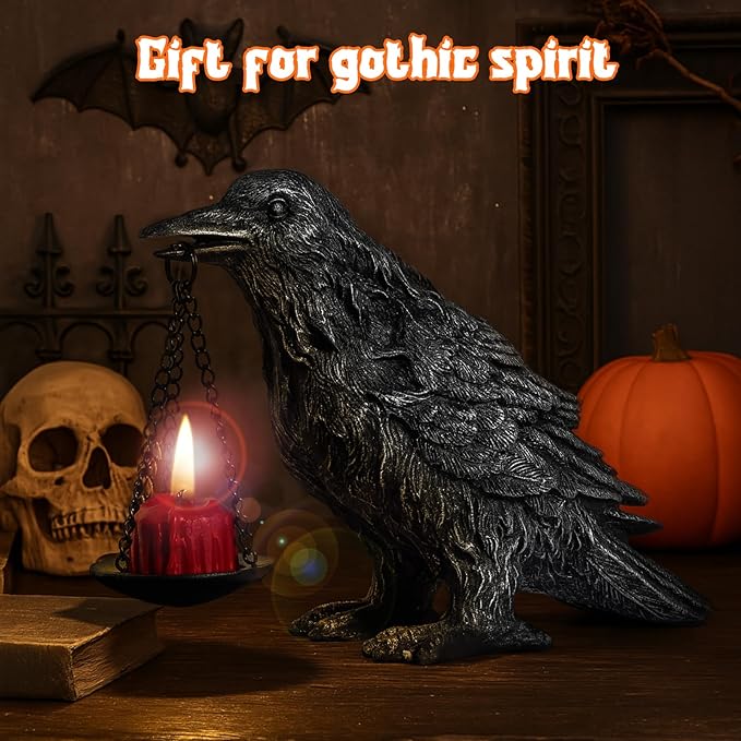 Gothic Home Decor Fake Crow Light Holder Raven Lamp Tealight Candle Holder Resin Statue Half Silver-Ruum Studio Home