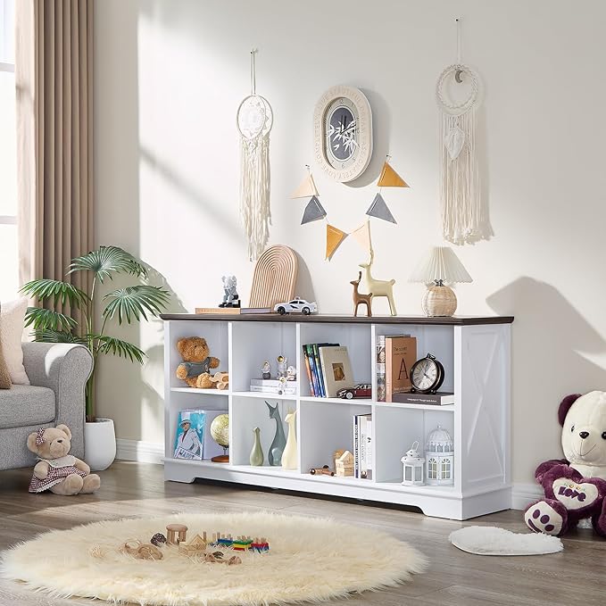 Farmhouse 8 Cube Bookshelf, White Storage Organizer Bookcase, Kids Toy Storage Cabinet, Long Bookshelves Storage Organizer Shelf, Wood Display Cabinet Book Shelves for Bedroom,Living Room,Office-Ruum Studio Home