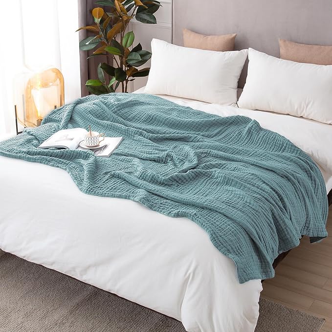 EMME Cotton Muslin Blanket King Size - Soft, Breathable Layering Bedspread Blanket, 108"x90", All Season Gauze, Teal-Ruum Studio Home