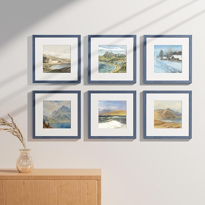 Vittanly 12x12 Picture Frames Set of 9, Shatter Resistant Plexiglass, Display 8x8 Pictures with Mat or 12x12 without Mat, Photo Frames for Wall Mount, Engineered Wood, Navy-Ruum Studio Home