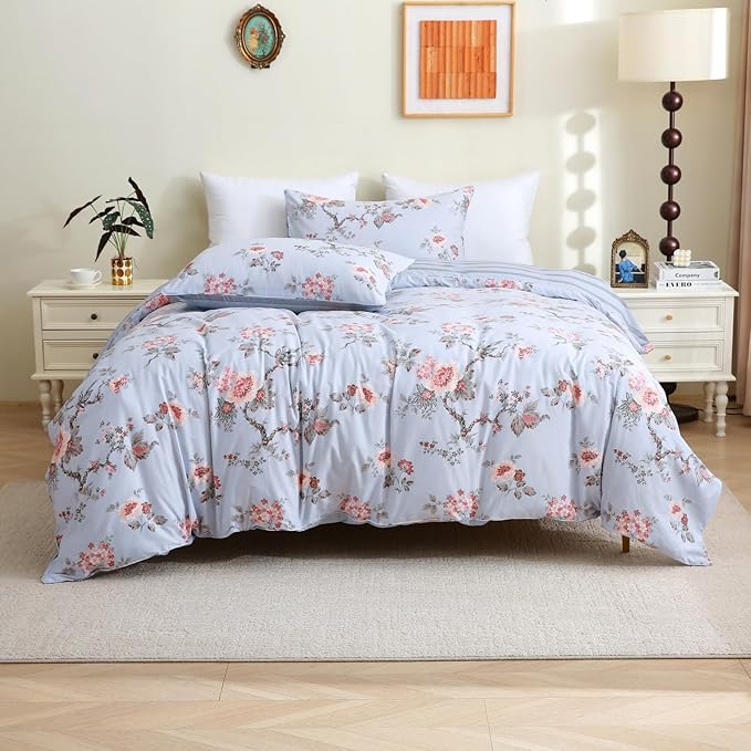 ABREEZE Floral Duvet Cover King Size Set Bird Flowers Bedding Set 100% Brushed Cotton Bedding Collection 1 Duvet Cover with 2 Pillowcases Grey-Ruum Studio Home