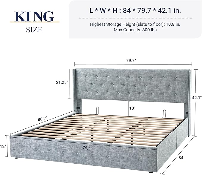 Allewie King Size Lift Up Storage Bed, Button Tufted Headboard with Wingback, Hydraulic Support, No Box Spring Needed, Grey Blue-Ruum Studio Home