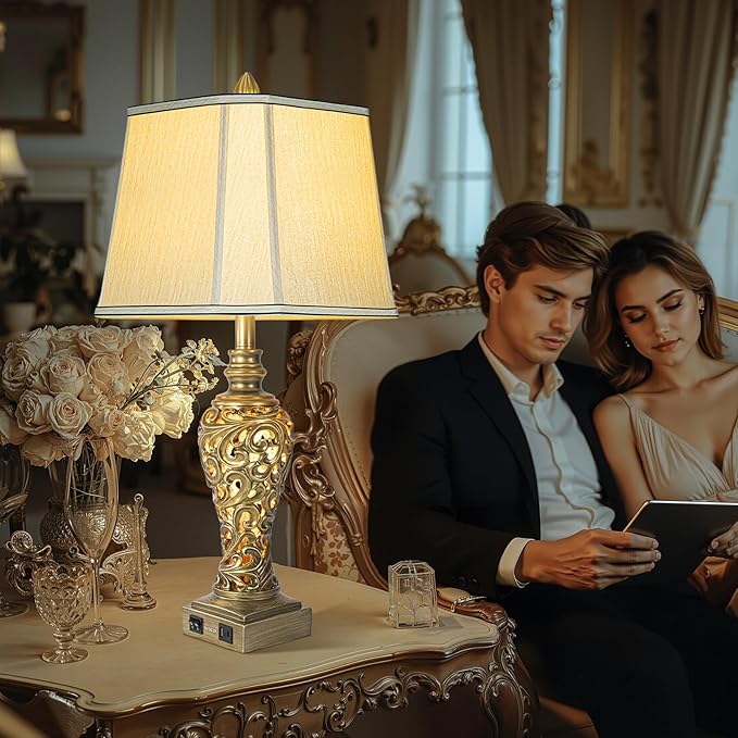 28.5'' Table Lamps Set of 2 for Living Room, Vintage Bedside Lamps with USB A+C Ports & Nightlight, Farmhouse Nightstand Lamps with Faux Silk Shade for Bedroom, Study Room, Office (LED Bulbs Included)-Ruum Studio Home