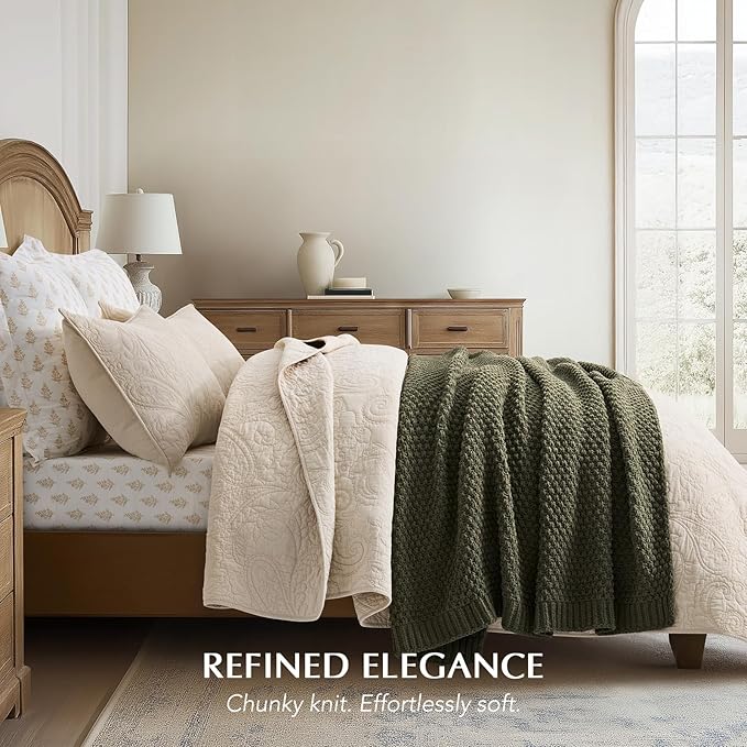 Chunky Chenille Knit Throw Blanket for Couch, Soft Luxurious Moss Stitch Blankets for Bed, Cozy Decorative Farmhouse Knitted Throws for Sofa, Olive Green, 50" x 60"-Ruum Studio Home