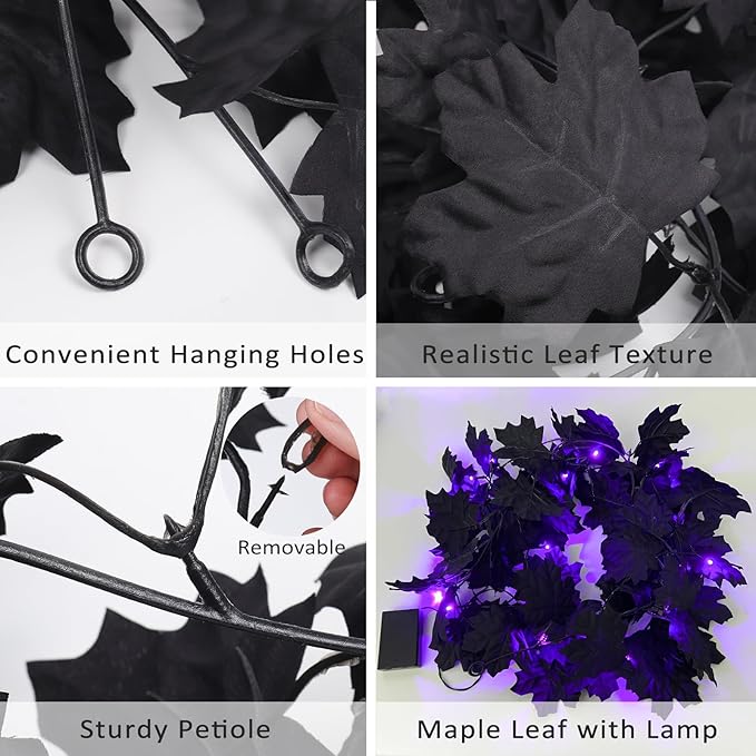RECUTMS Halloween Maple Leaf Garland with Purple Lights - Black Artificial Leaves Decor for Home Mantle, Stairs, Indoor/Outdoor - 2 Pack-Ruum Studio Home