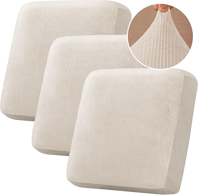 H.VERSAILTEX Velvet Stretch Couch Cushion Cover Plush Cushion Slipcover for Chair Loveseat Sofa Cushion Furniture Protector Seat Cushion Sofa Cover (3 Piece XL Sofa Cushion Covers, Ivory Striped)-Ruum Studio Home