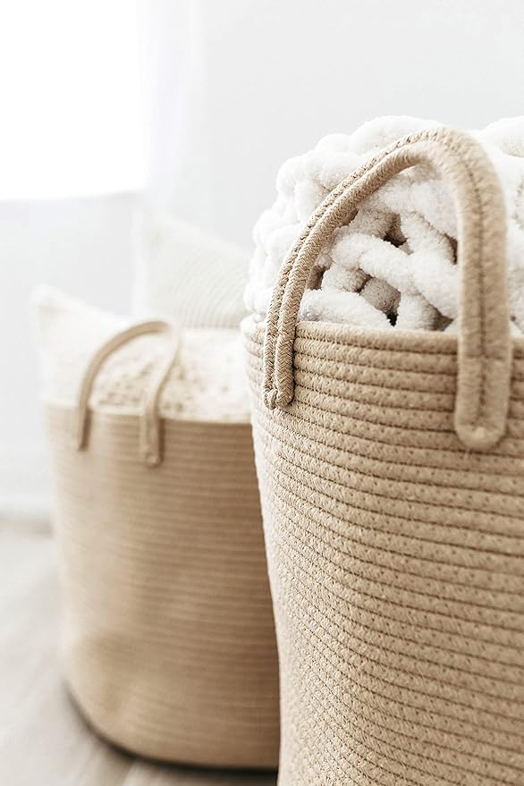 OrganiHaus Large Laundry Basket, Woven Cotton Rope Basket for Blankets, Toy Storage, Nursery Hamper, Living Room Decor Organizer, Soft & Durable Hamper with Handles, 20x13 inches - Honey-Ruum Studio Home