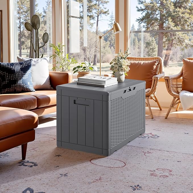 JUMMICO 100 Gallon Resin Deck Box, Waterproof Outdoor Storage Box with Lockable Lid for Garden Tools, Patio Cushions (Gray)-Ruum Studio Home