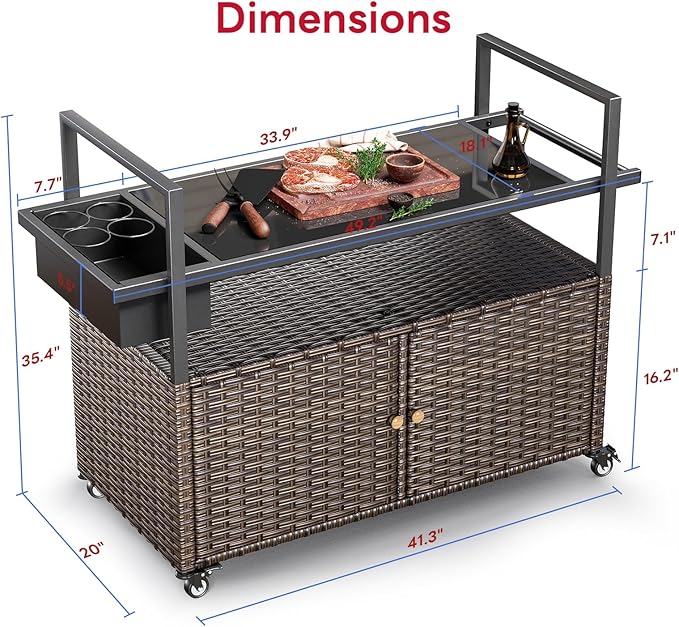 Outdoor Bar Cart with Storage Cabinet, Outdoor Grill Cart with Wheels, Rattan Bar Cart with Tempered Glass Tabletop, Outdoor Buffet Cabinet Table Cart for Mini Bar, BBQ, Food Serving, Brown Wicker-Ruum Studio Home