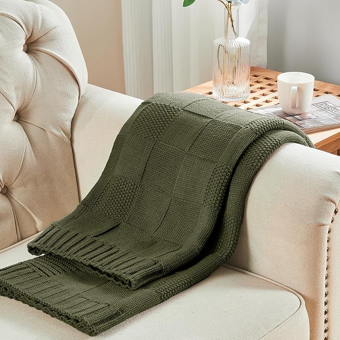 CozeCube Check Knit Throw Blanket, Olive Green Checkered Throw for Couch, Decorative Christmas Soft Cozy Warm Knitted Blanket for Bed Sofa Living Room, 50"X60"-Ruum Studio Home