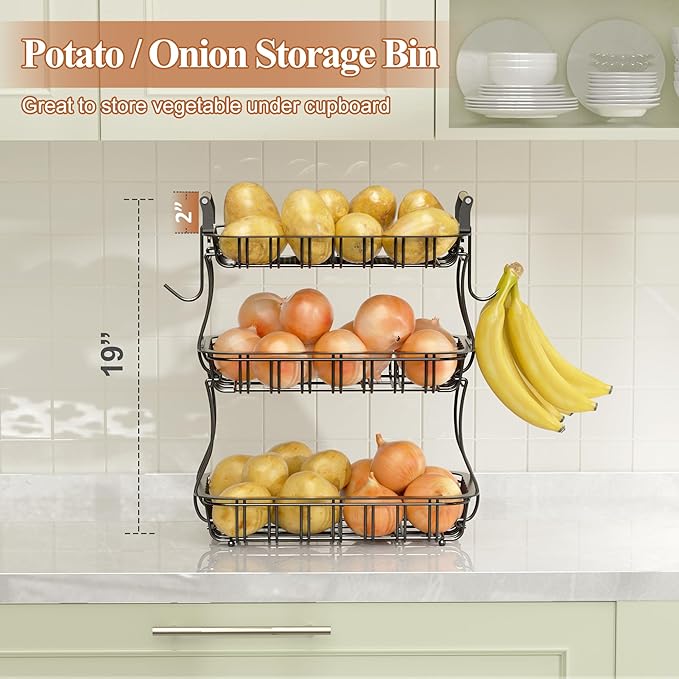3 Tier Fruit Basket for Kitchen Counter, Fruit Bowl with 2 Banana Hooks Mesh Top, Multifunctional Detachable Sturdy Kitchen Storage Organizer for Vegetables Snacks Onion Potato, Black-Ruum Studio Home