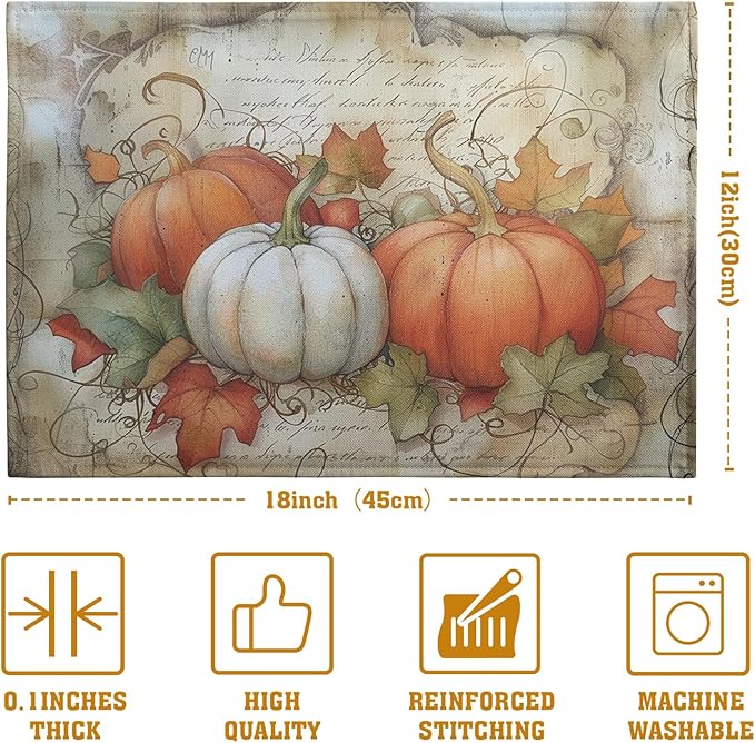 Fall Pumpkin Maple Leaf Placemats Set of 4, 12x18 Inch Vintage Autumn Harvest Rustic Leaves Table Mats Seasonal Fall Thanksgiving Washable Linen Fabric Place Mats for Party Kitchen Dining Decor-Ruum Studio Home