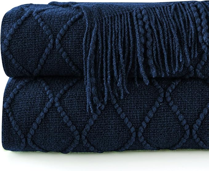 inhand Knitted Throw Blankets for Couch and Bed, Soft Cozy Knit Blanket with Tassel, Dark Blue Lightweight Decorative Blankets and Throws, Farmhouse Warm Woven Blanket for Men and Women, 60"x80"-Ruum Studio Home