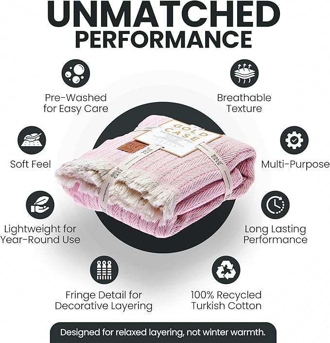 Gold Case Throw Blanket for Couch – 100% Recycled Turkish Cotton Blankets & Throws – Elegant Decorative Throw Blankets for Living Room Sofa – Woven Throws for Couch – Vintage Pink – 60x80-Ruum Studio Home