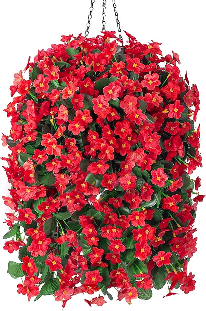 Artificial Fake Red Hanging Flowers Plants Basket for Outdoor Outside Winter Christmas Decor, Faux Silk Look Real UV Resistant Orchid for Fall Porch Garden Yard Patio Home-Ruum Studio Home