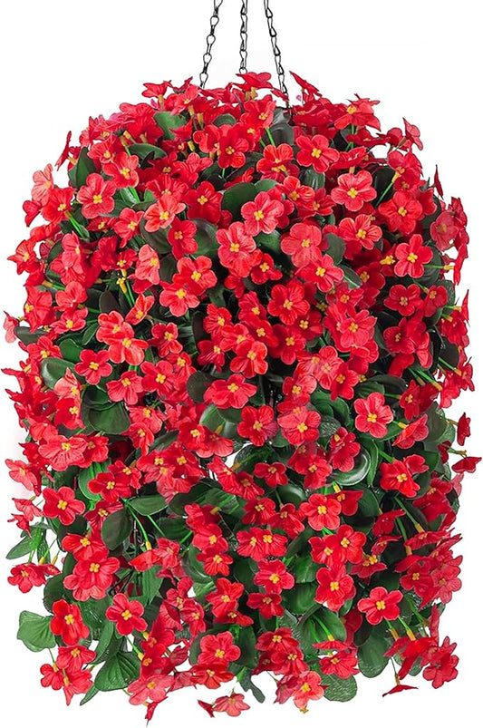 Artificial Fake Red Hanging Flowers Plants Basket for Outdoor Outside Winter Christmas Decor, Faux Silk Look Real UV Resistant Orchid for Fall Porch Garden Yard Patio Home-Ruum Studio Home