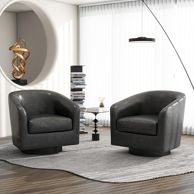 Swivel Barrel Accent Chair, Modern Round Faux Leather Arm Chair for Living Room, Bedroom, Comfy Club Reading Chairs for Adults(Faux Leather, Black Grey, Set of 1)-Ruum Studio Home