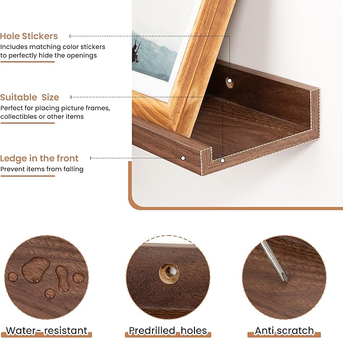 Fun Memories Picture Ledge Shelves Set of 2, 36 Inch Rustic Wall Mounted Floating Shelves with Lip for Home Storage and Décor in Bathroom, Kitchen, Nursery, Bedroom, Living Room, Walnut-Ruum Studio Home