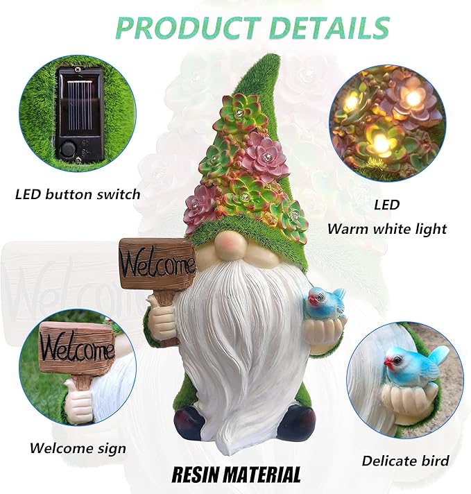 Solar Gnomes Garden Statues,Resin Gnome Figurine Holding Welcome Card and Bird with Solar Lights, Outdoor Gnomes Decorations for Yard Patio Lawn Porch, Garden Gifts-Ruum Studio Home