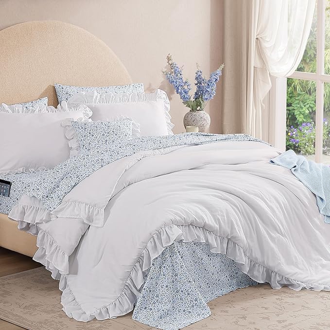 Twin XL Comforter Set - 5 Pieces Ruffle White Bedding Sets, Shabby Chic Farmhouse Bed in a Bag Twin XL with Ruffle Comforter, Floral Sheets, Pillowcases & Shams-Ruum Studio Home
