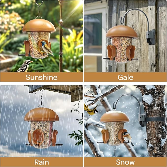 LONA Bird Feeders for Outdoors Hanging – 3 Separate Compartments, 3 Feeding Ports, Weatherproof Dome & 3 Ways to Hang, Large Capacity for Cardinals/Finches (Brown-Ruum Studio Home