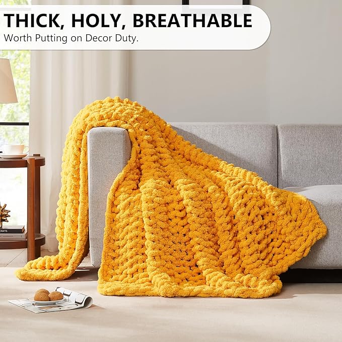 L'AGRATY Chunky Knit Blanket Throw - Soft Chunky Throw Blanket 30x40: 100% Hand Kintted Chenile Crochet Throw Blanket for Couch - Large Cable Knit Chunky Blanket for Home Decor(Mustard Yellow)-Ruum Studio Home
