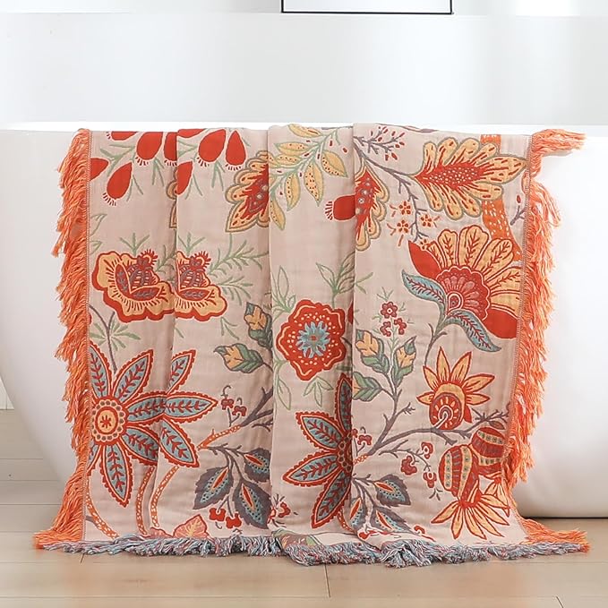Boho Fall Throw Blanket for Bed，100% Ultra Cotton Soft Breathable Bed Throw Floral Printed Farmhouse Decor Rustic Bed Throws for Couch Sofa Quilt 90" x 98"-Orange& Sage Green-Ruum Studio Home